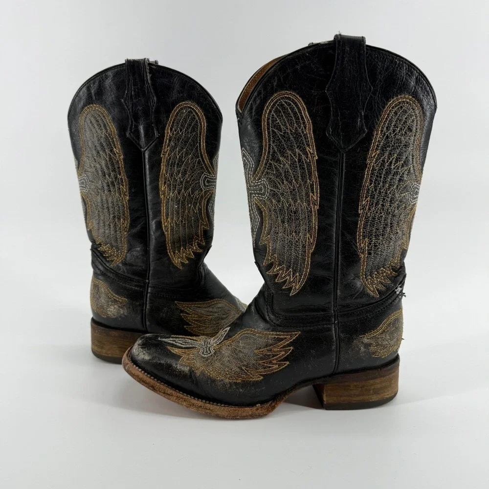 Corral Teens Girls A1032 Black Gold Winged Cross Western Boots Square Toe Size 3